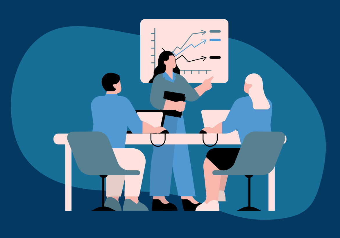 Illustration représentant une manager animant une réunion d’équipe autour d’un tableau de performance, symbolisant le leadership, la prise de décision et la gestion stratégique en entreprise.